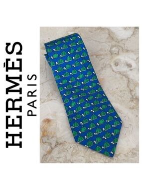 Hermes 100% Silk Blue & Green Horse Jockey Hat (684 OA) Tie